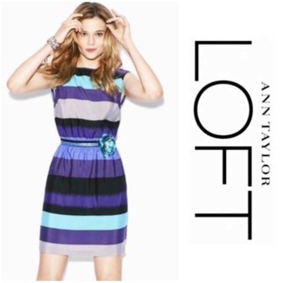 Ann Taylor LOFT Blue Purple Gray Striped Colorblock Dress - Picture 1 of 10